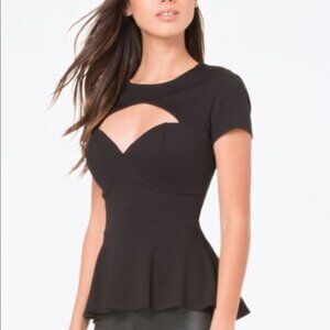 Bebe Black Sweetheart Bustier Neck Keyhole Peplum Top Blouse